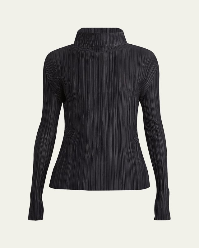 Shiny Plisse Jersey Mock-Neck Top